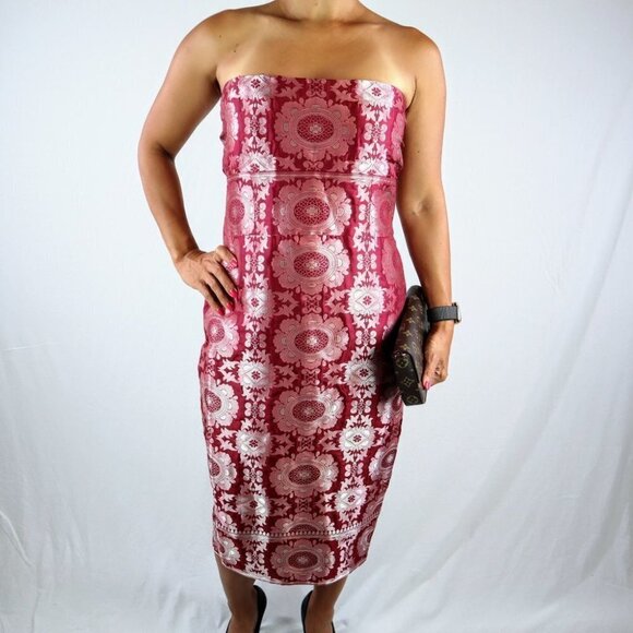 Marchesa Notte Maroon Silk Metallic Midi Dress $1095